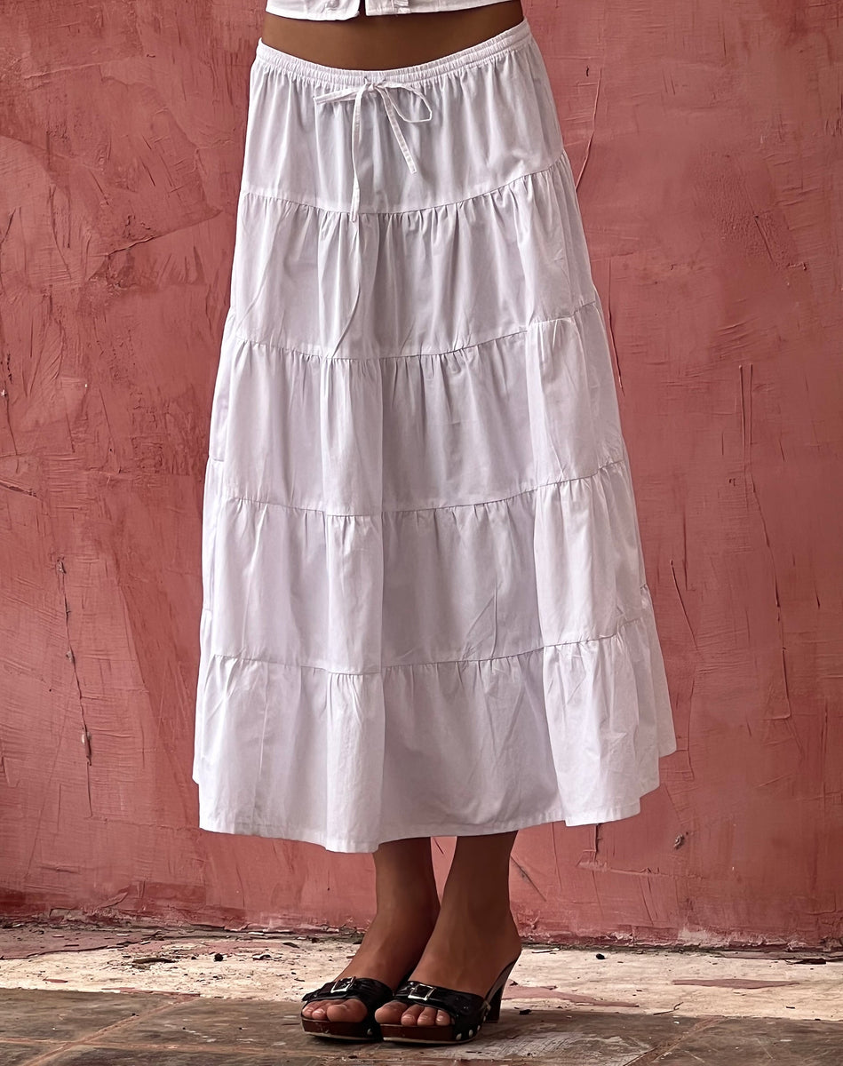 Izumi Tiered Midi Skirt in Poplin White