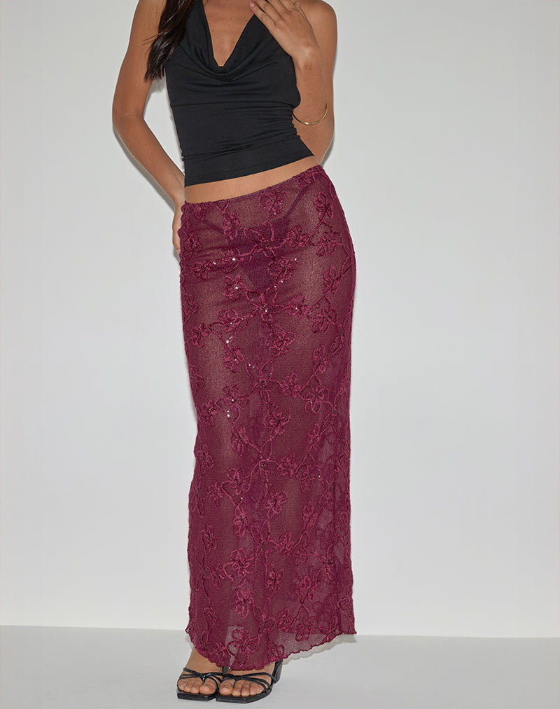 Image of Alphia Maxi Skirt in Sequin Knit Burgundy