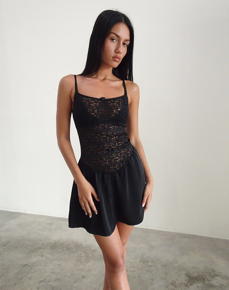 Black Satin Lace Cami Slip Dress | Alunan  motelrocks-com-eur