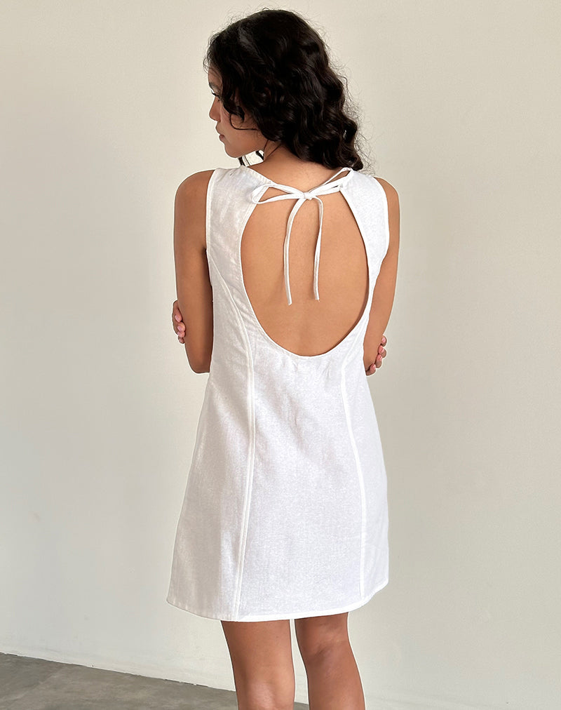Off White Linen Open Back Mini Dress