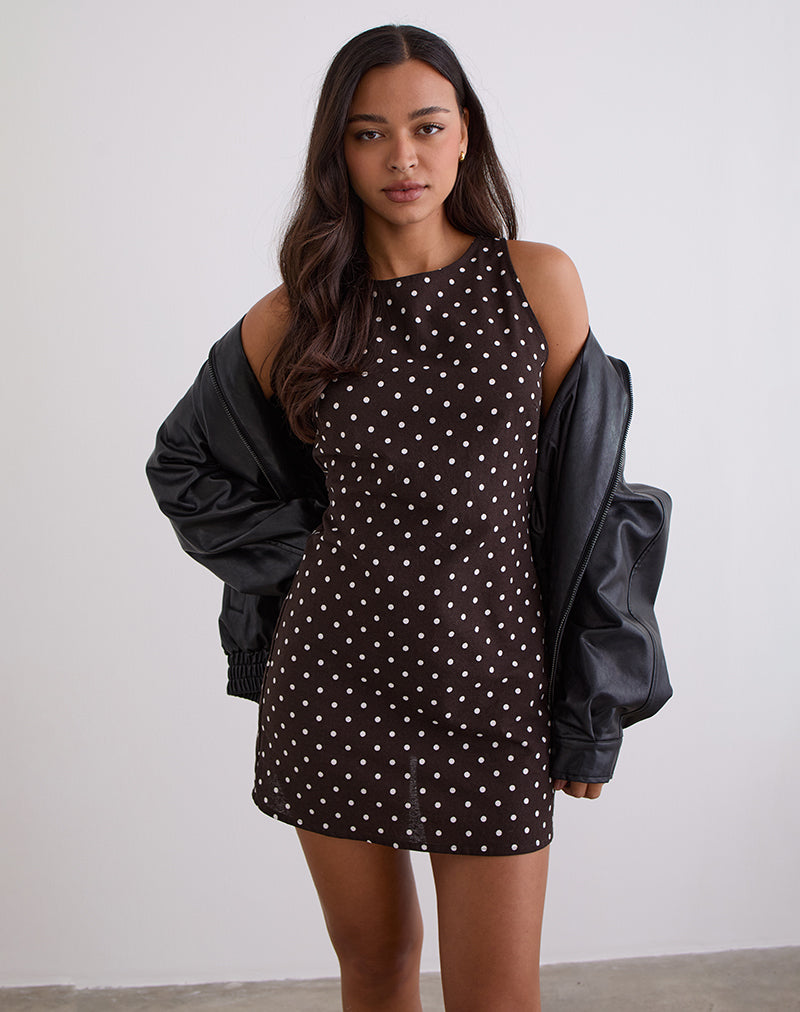 Brown Medium Polka Open Back Mini Dress