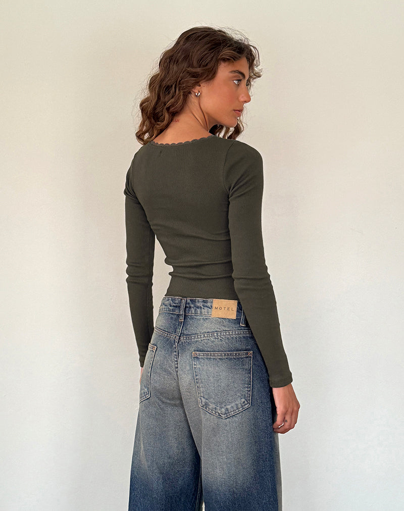 Image of Bovita Long Sleeve Ribbed Top in Olive