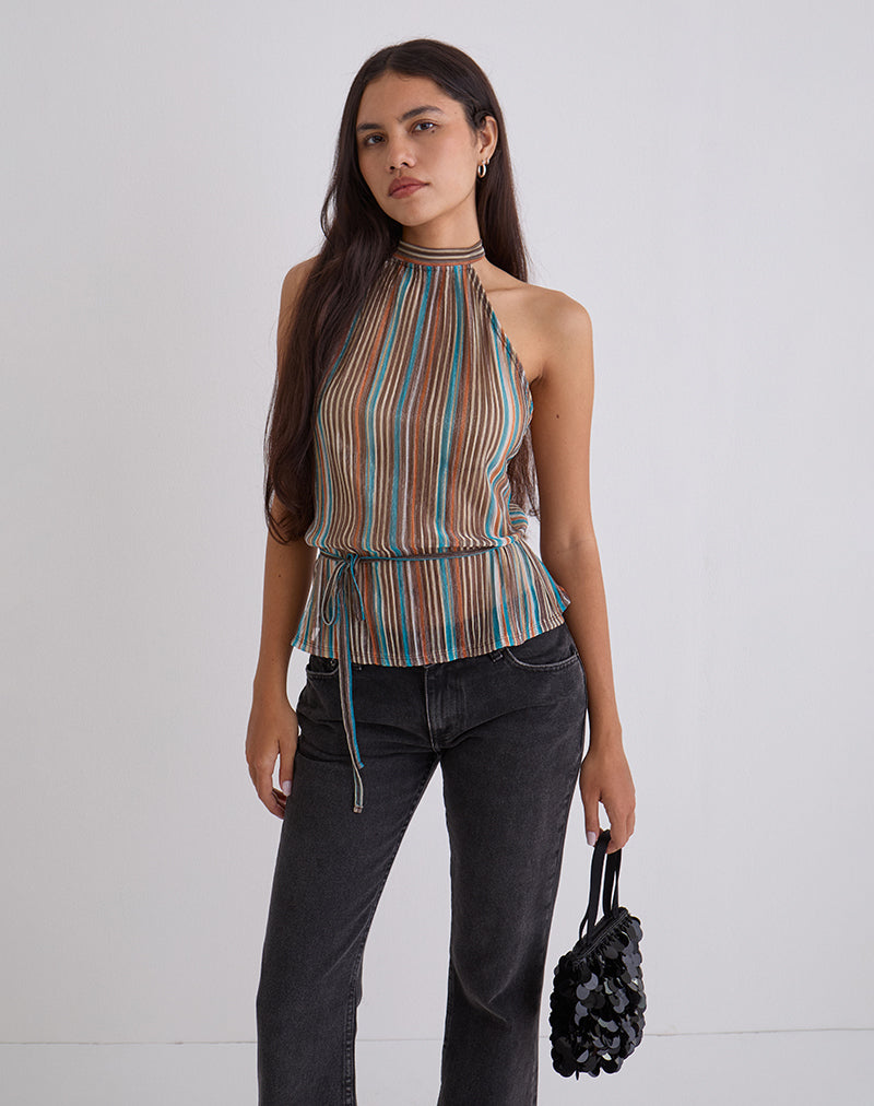 Brienne Top in Blue and Brown Shimmer Sheer Plisse