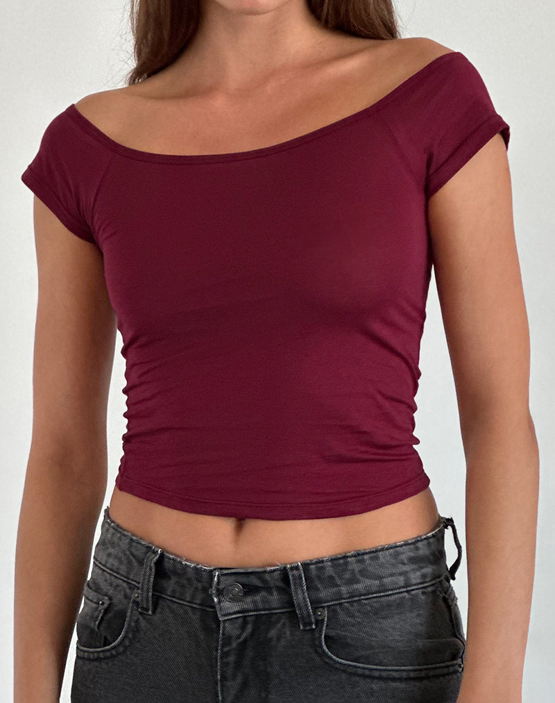 Trixxi Women's outlet Off Shoulder Cropped Top Zip Back Built In Bra Burgundy Red Sz 7