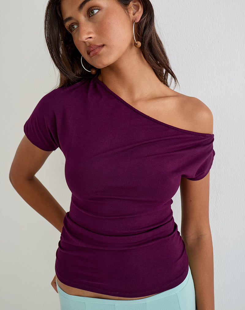 完売商品　EAPHI MULTI SHOULDER PARTS RIB TOPS Fig Plum Rayon Jersey One Shoulder Top | Danama – motelrocks-com-eur