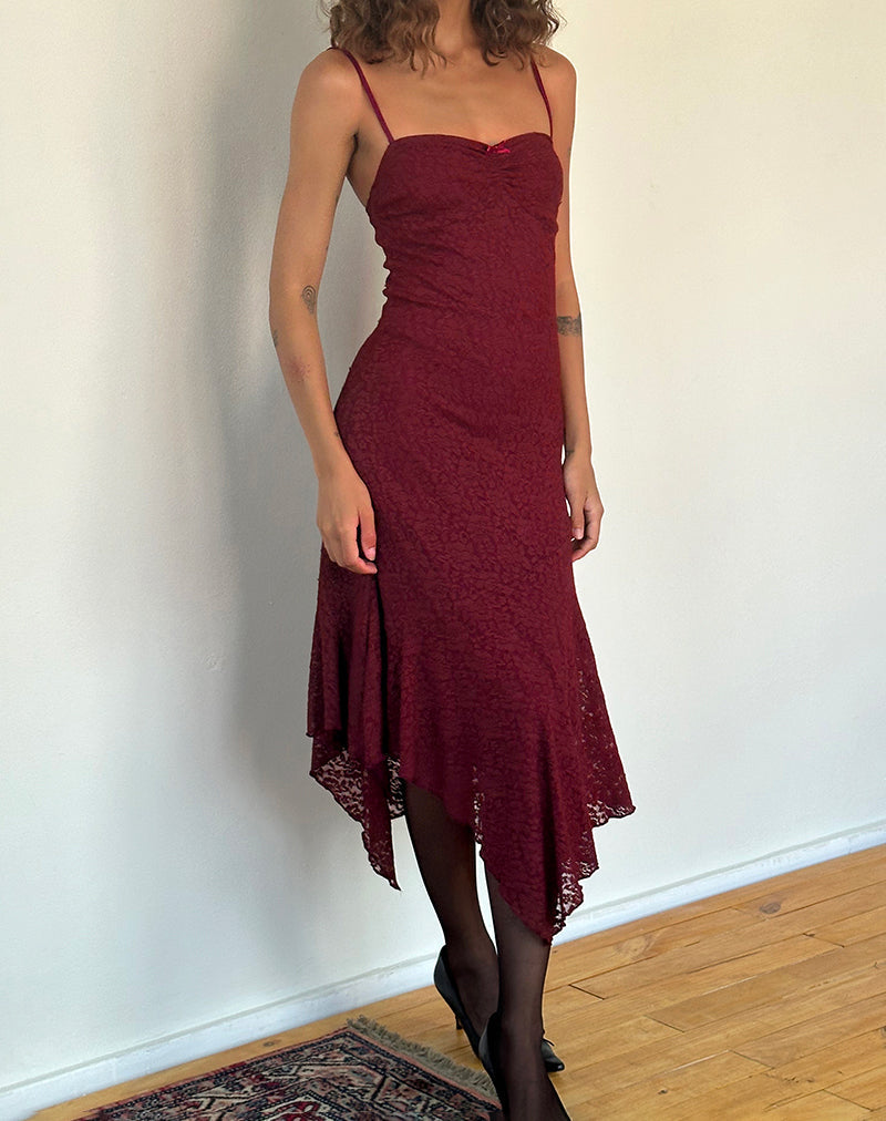knee length dresses for ladies Dagný Burgundy Lace Trim Knit Midi Dress
