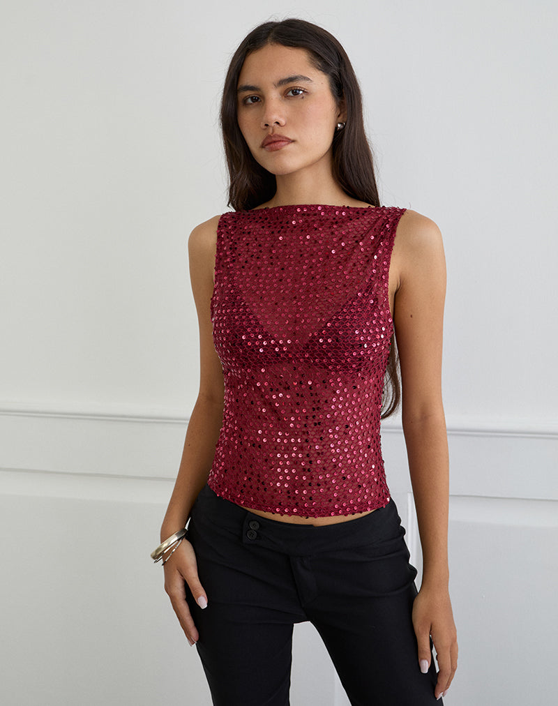 Image of Dudley Vest Top in Sequin Knit Burgundy