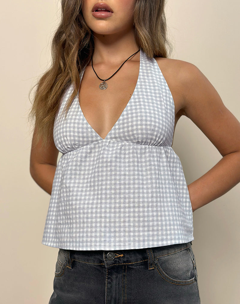 Image of Eldana Halter Top in Mini GIngham Blue and Grey