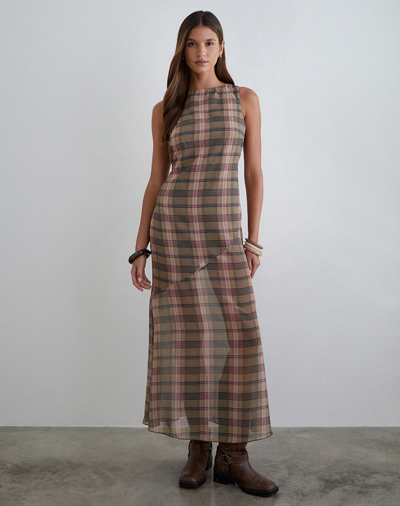 chinese dress ladies Calla Silk Maxi Dress in Tartan Nocciola Xs