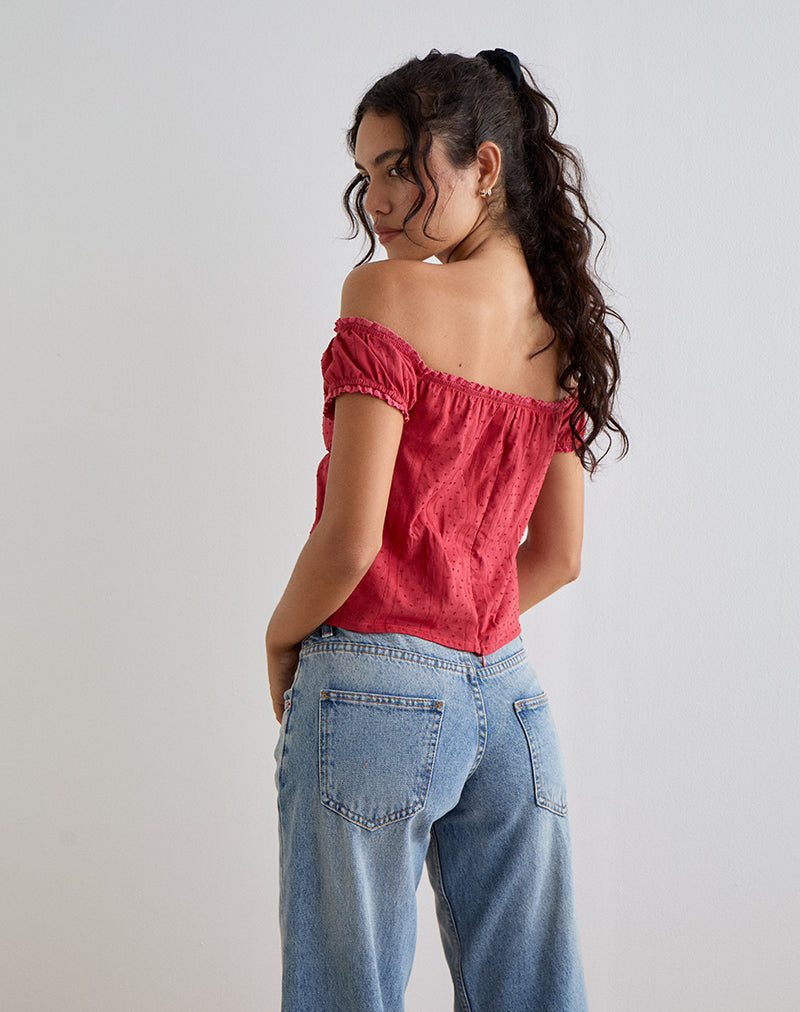 Image of Fayra Bardot Corset Top in Cotton Dobby Red
