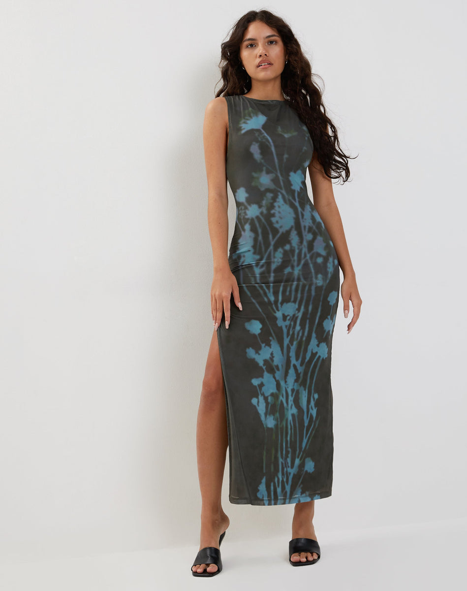 motel x jacquie flo midi dress MOTEL X JACQUIE Flo Midi Dress in Lumen Mesh Blue