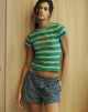 image of Glenda Jersey Tee in Green and White Strip with Strawberry Motif