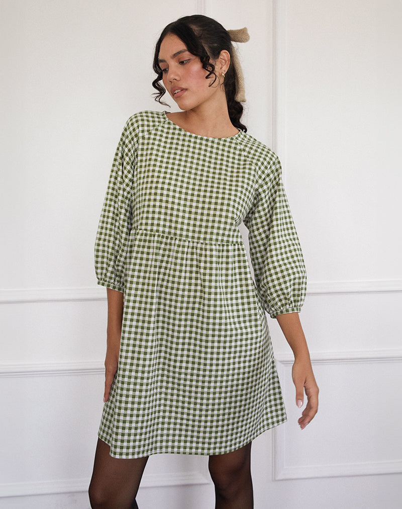 Grace Smock Mini Dress in Olive Gingham Grace Smock Mini Dress in Olive Gingham