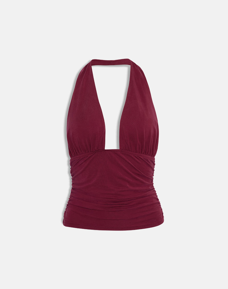 Image of Cosimo Halterneck Top in Cupro Dark Red