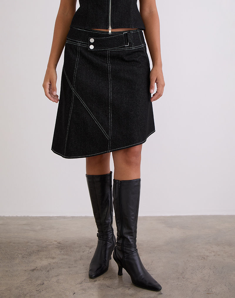 Hayashi Asymmetrical Midi Skirt in Denim Black Wash