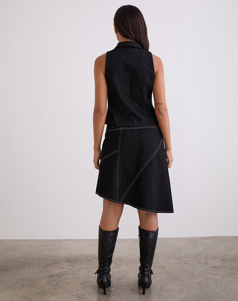 Image of Hayashi Asymmetrical Midi Skirt in Denim Black Wash