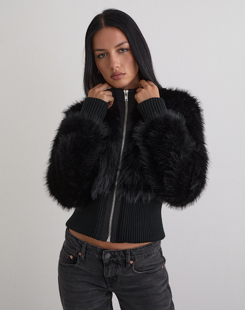 Black Shaggy Faux Fur Jacket | Homari – motelrocks-com-eur