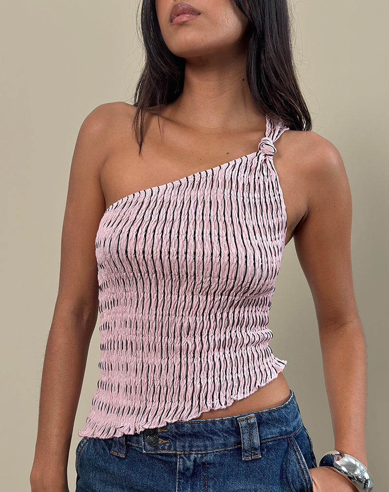 Image of Idari One Shoulder Top in Stripe Textured Mesh Soft Pink