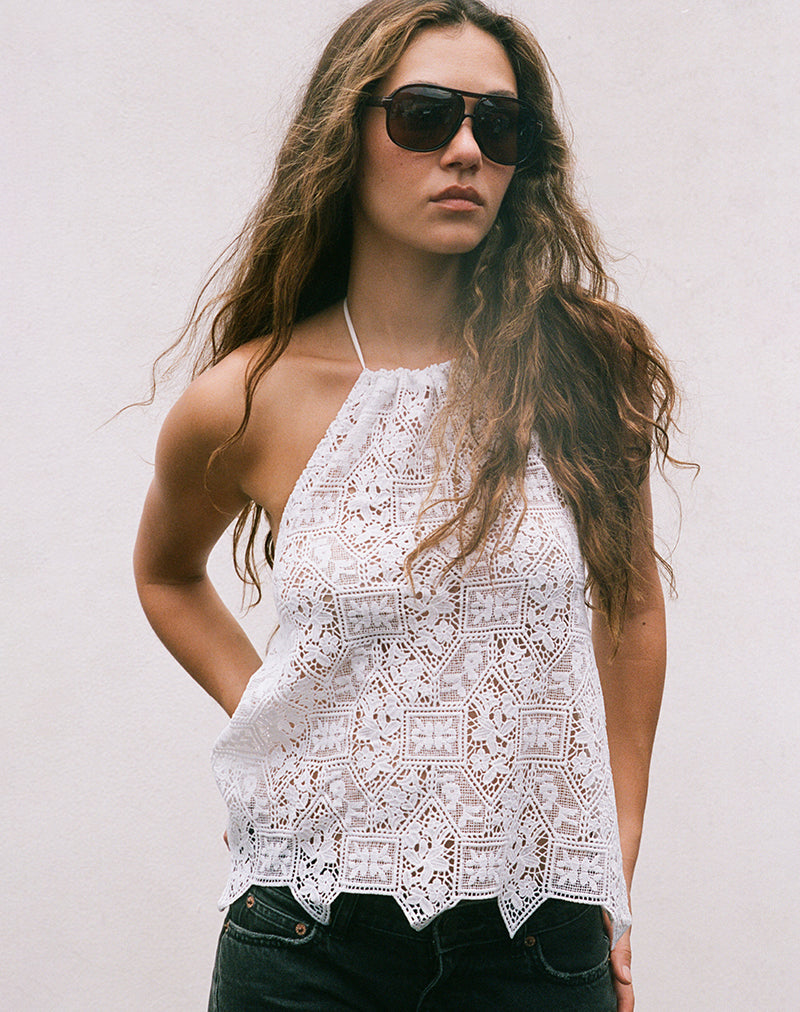 Ivory White Crochet Open Back Halterneck Top | Irina – motelrocks