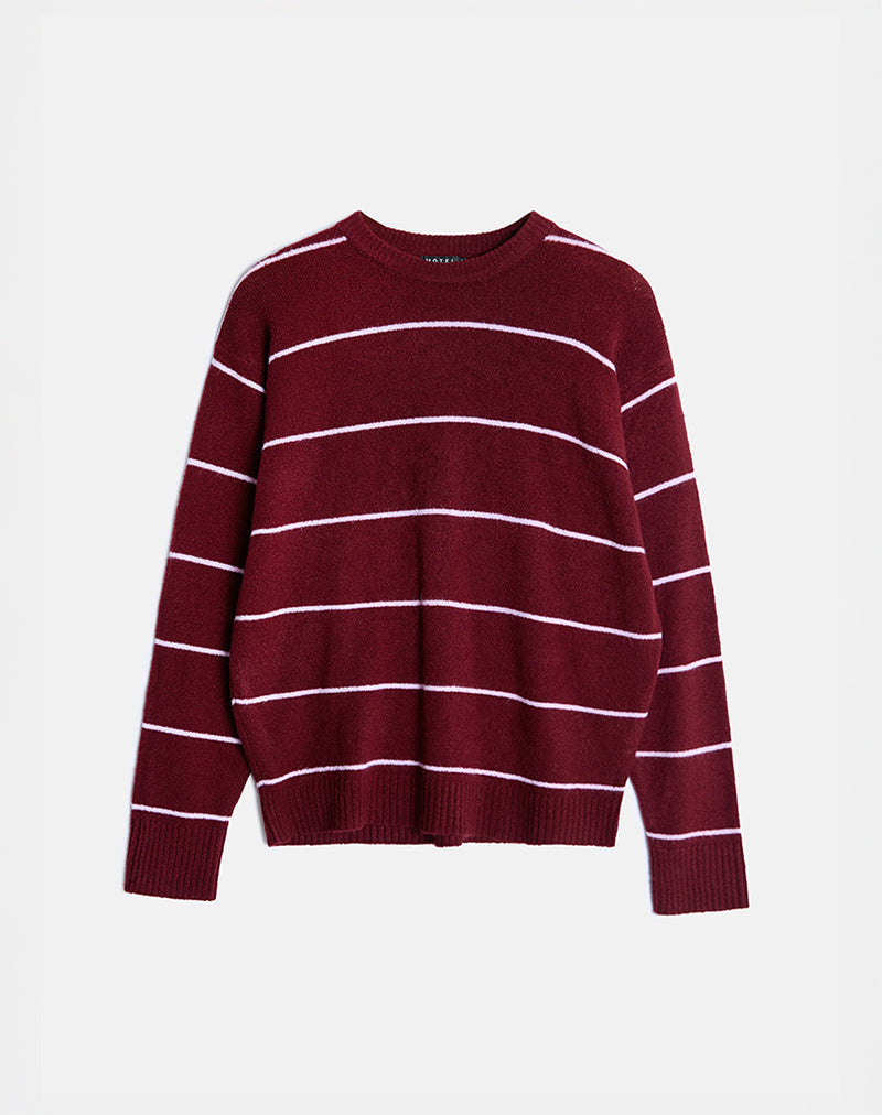 Ishari Knitted Jumper in Burgundy with Pink Stripe