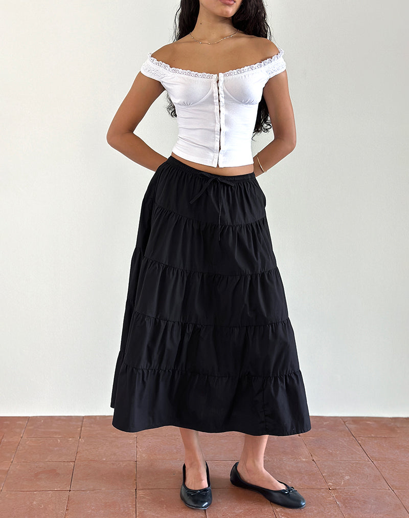 【L'Appartement】 TIERED SKIRT Black Poplin Tiered Midi Skirt | Izumi – motelrocks-com-eur