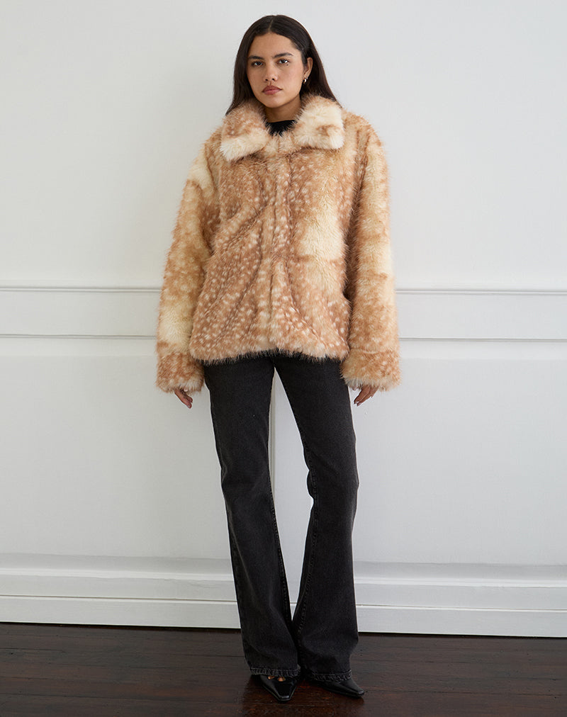 Beige Bambi Print Faux Fur Jacket | Joji – motelrocks-com-eur