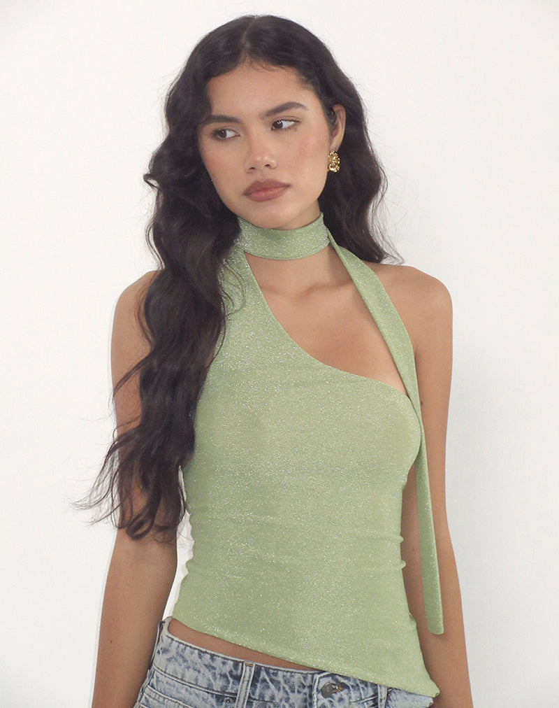Image of Karasi Tie Neck Top in Shimmer Lurex Green