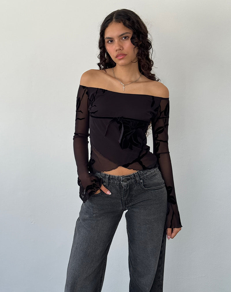 Motel Rocks Long Sleeve Black Bardot Top Neira Long Sleeve Mesh