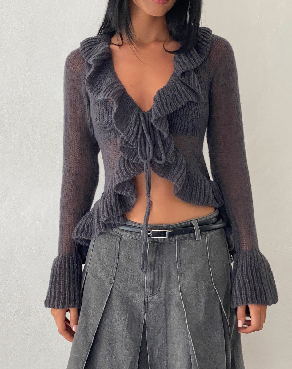 Dark Charcoal Ruffle Knit Cardigan | Kendra – motelrocks-com-eur