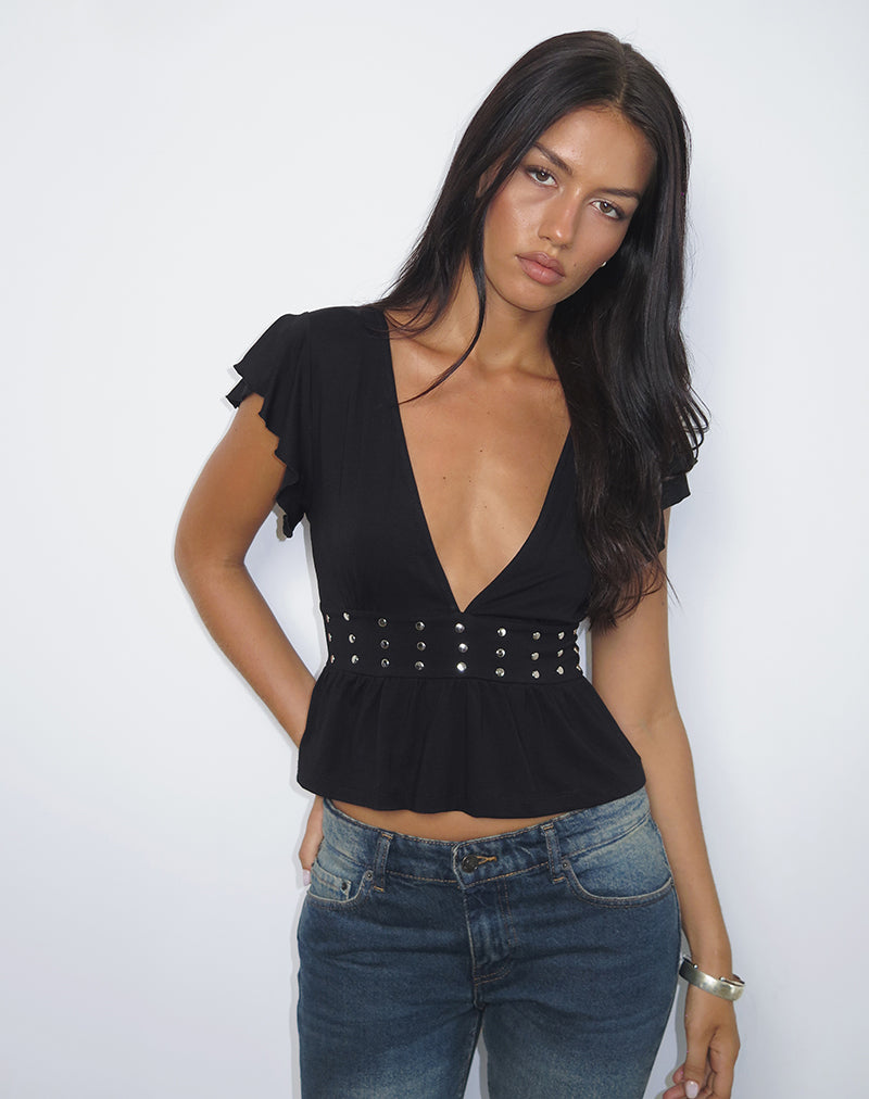 Black Jersey Frill Top with Studs | Leisma – motelrocks-com-eur