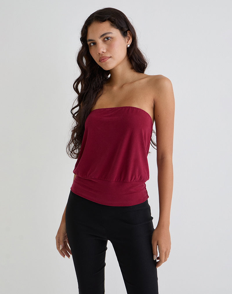 Leocadia Bandeau Top in Cupro Dark Red