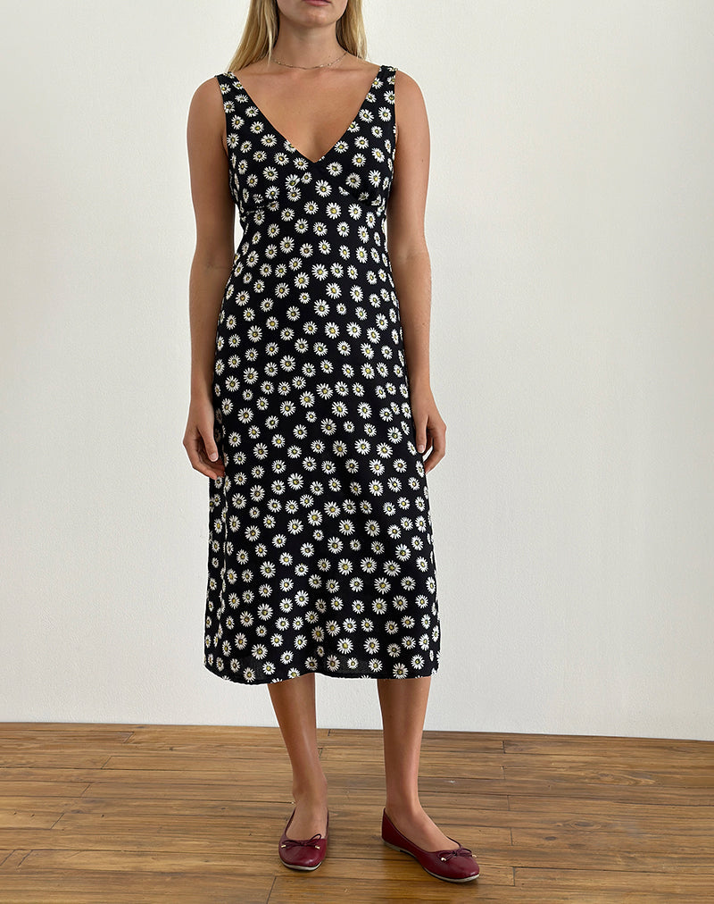 Black Floral Plunge V-neckline Thick Shoulder Straps Tight Fit Midi Dress