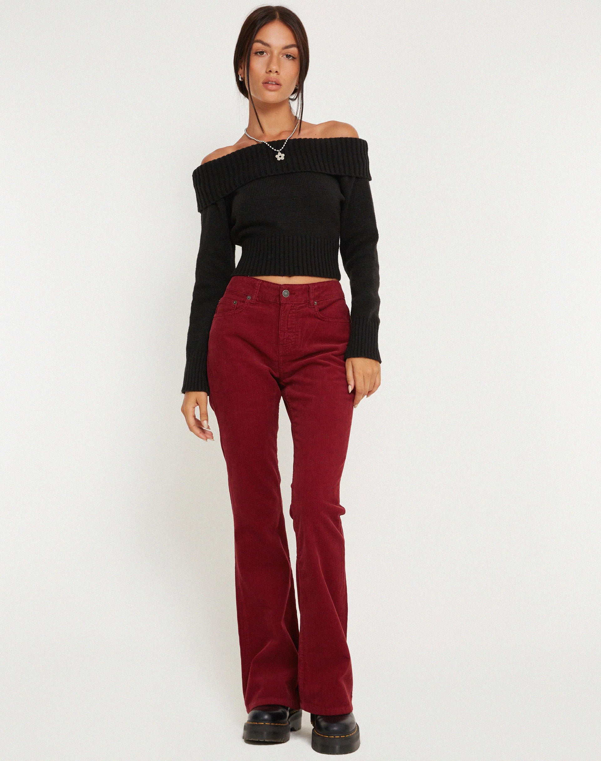 Image of Low Rise Bootleg Jeans in Cord Maroon