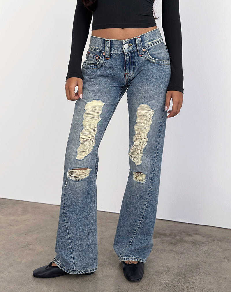 Low Rise Twisted Seam Ripped Jean in True Blue