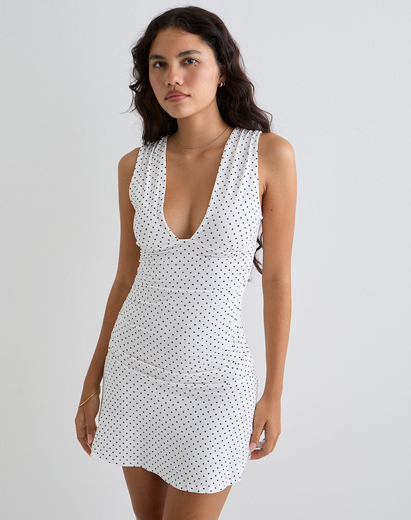 Image of Luscian Plunge Mini Dress in White with Micro Polka Black