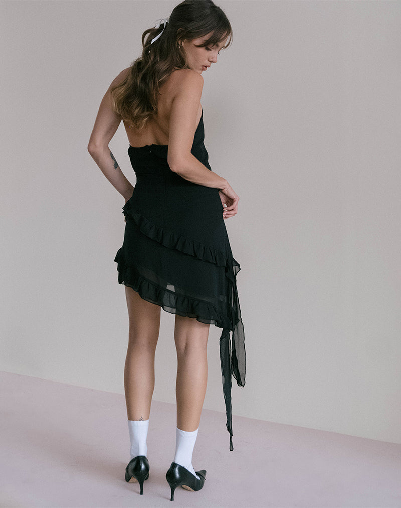Black Chiffon with Rosette Mini Ruffle Dress