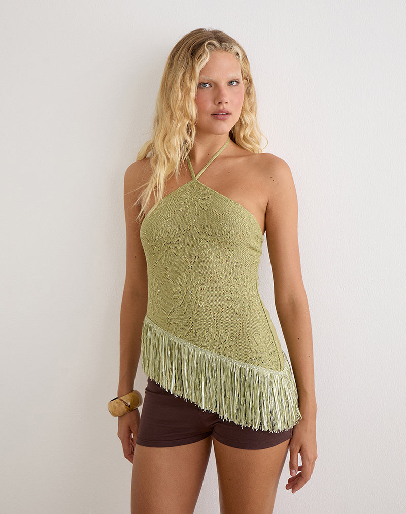 トップス fringe design glitter summer knit Green Knit Sequin Halterneck Top with Fringe Hem | Masina