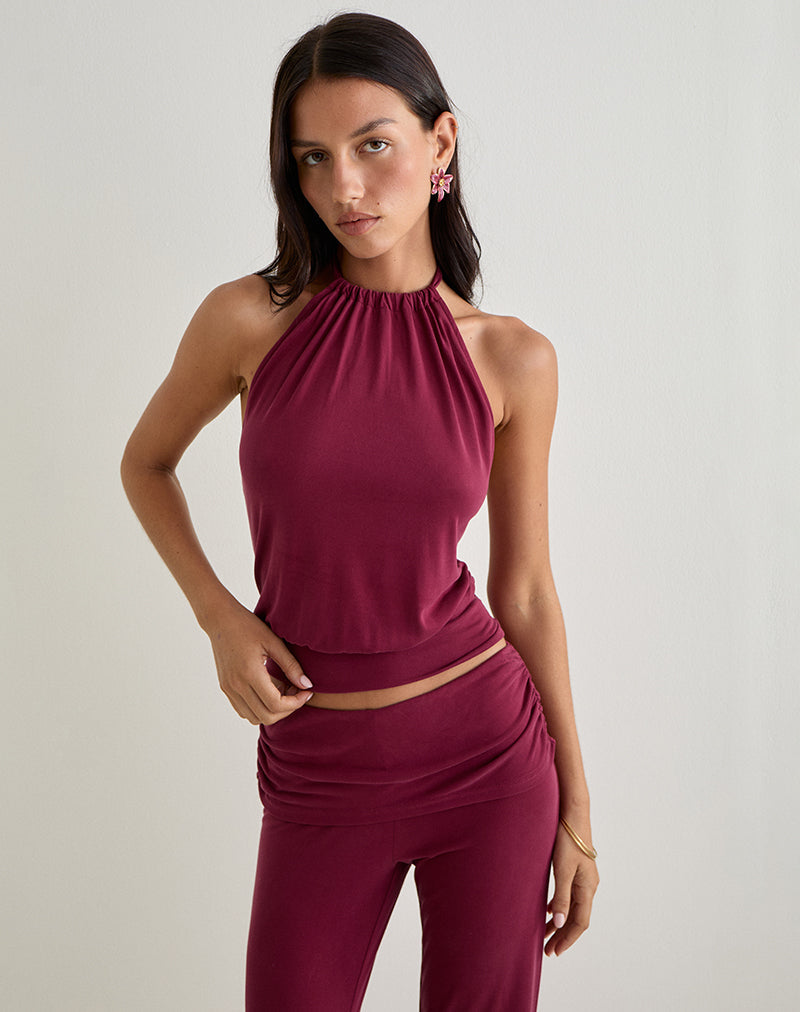 Image of Miasa Backless Halterneck Top in Cupro Burgundy