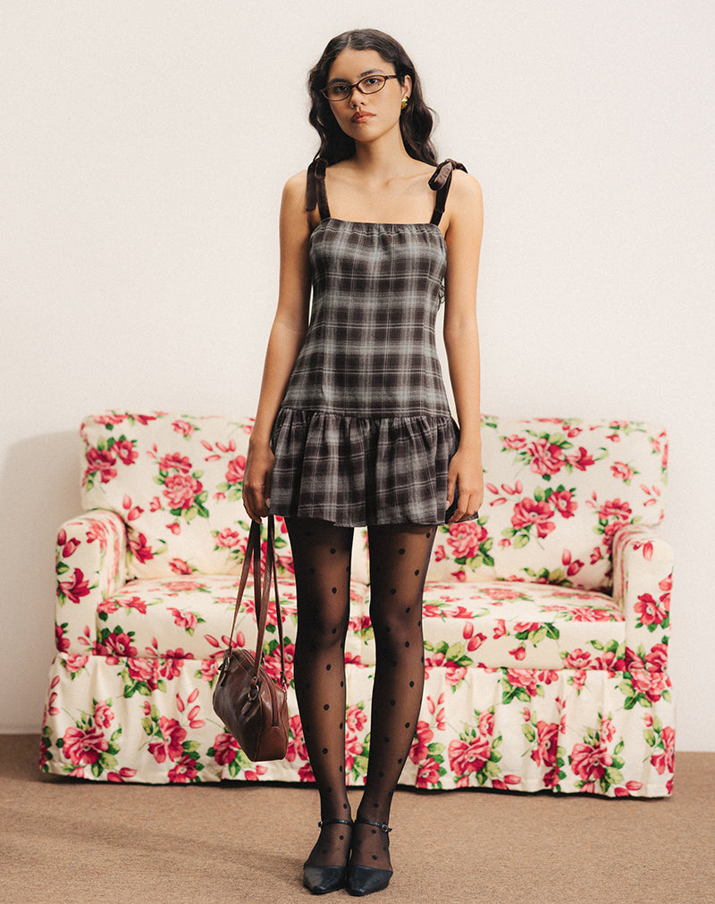 Image of Miyori Square Neck Mini Dress in Grey Check