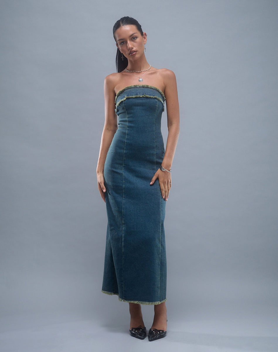 denim bandeau maxi dress Brown Blue Acid Wash Denim Bandeau Maxi Dress