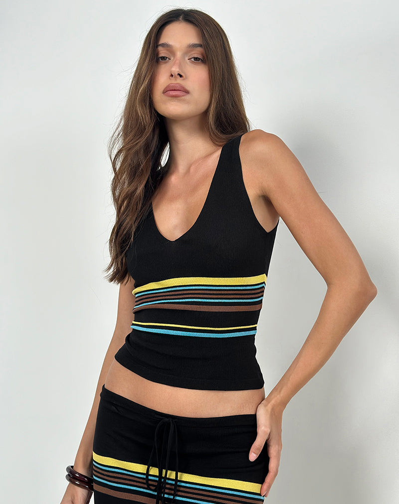 Image of Natcha Vest Top in Black with Brown and Blue Stripes
