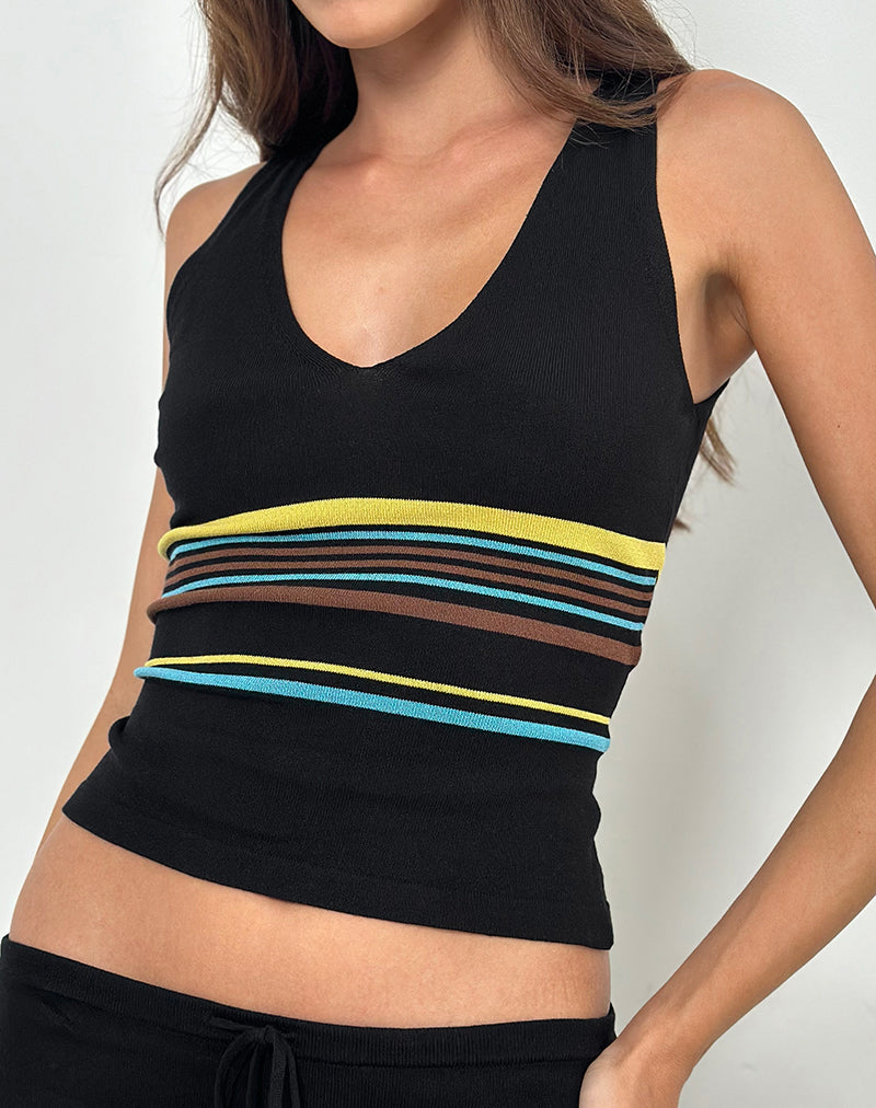 Image of Natcha Vest Top in Black with Brown and Blue Stripes