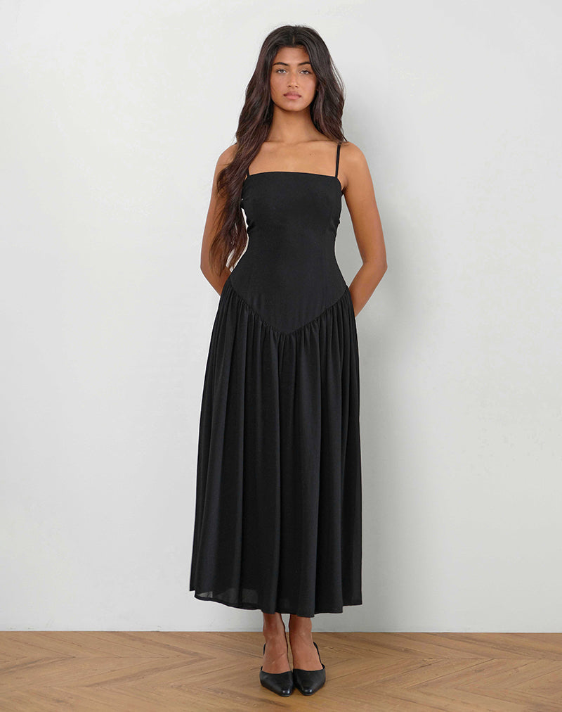 Black Chiffon Drop Waist Midi Dress