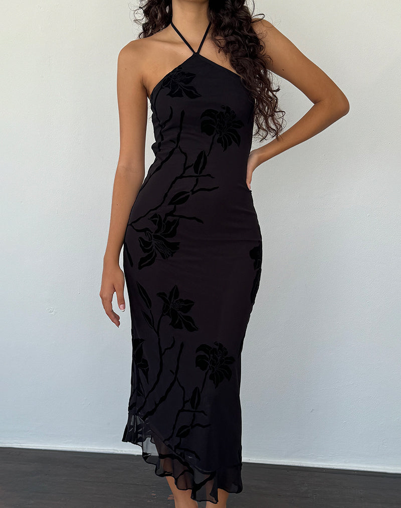 Black Orchids Flock Halterneck Midi Dress