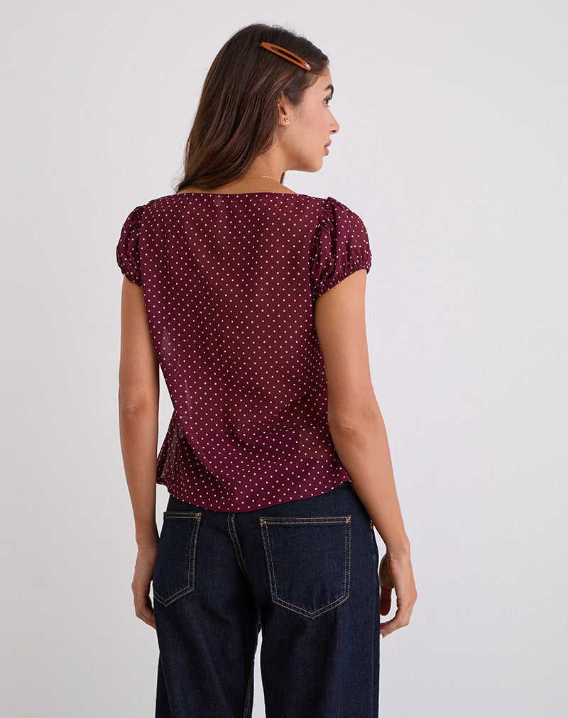 Image of Rolina Blouse in Chiffon Mini Polka Burgundy