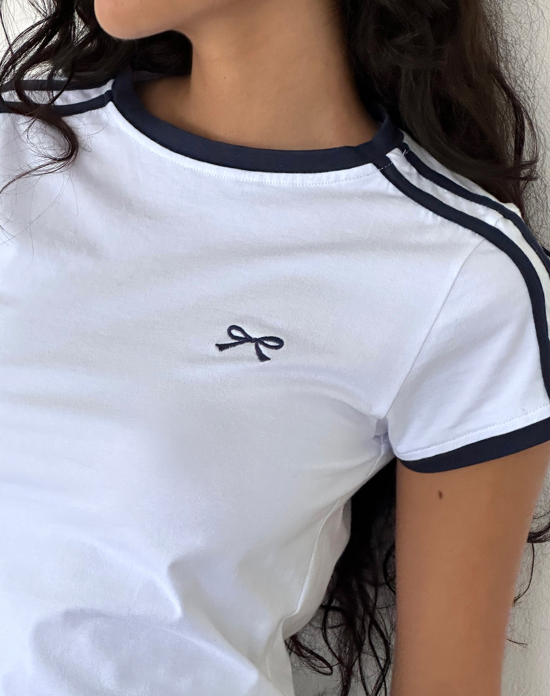 Image of Salda Sporty Tee in White with Navy Binding