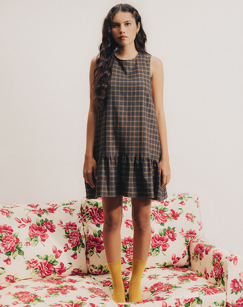 Brown Check Print Sleeveless Babydoll Mini Dress | Samana