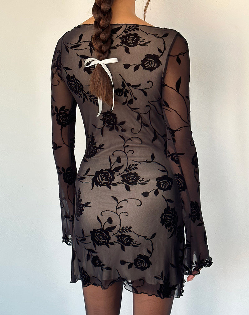 Image of Sevila Long Sleeve Mini Dress in Black Rose Flock