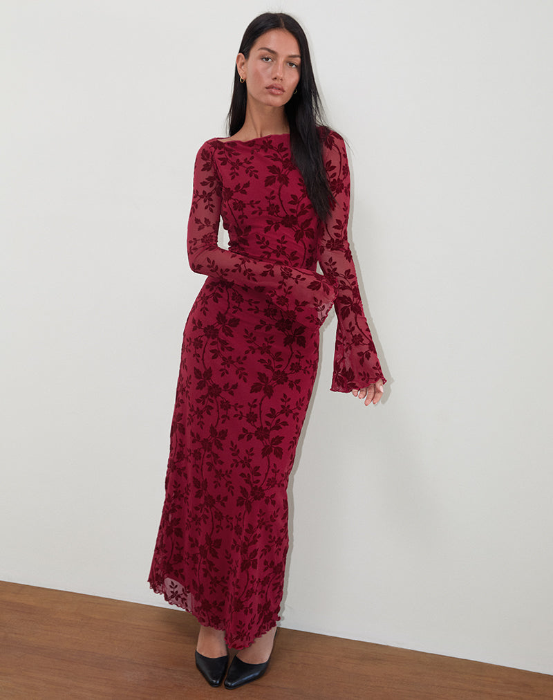 flocked floral long sleeve dress Maroon Floral Flocked Mesh Long Sleeve Mini Dress