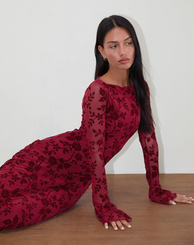 Slokya Long Sleeve Maxi Dress in Vine Floral Flock Cherry Slokya Long Sleeve Maxi Dress in Vine Floral Flock Cherry